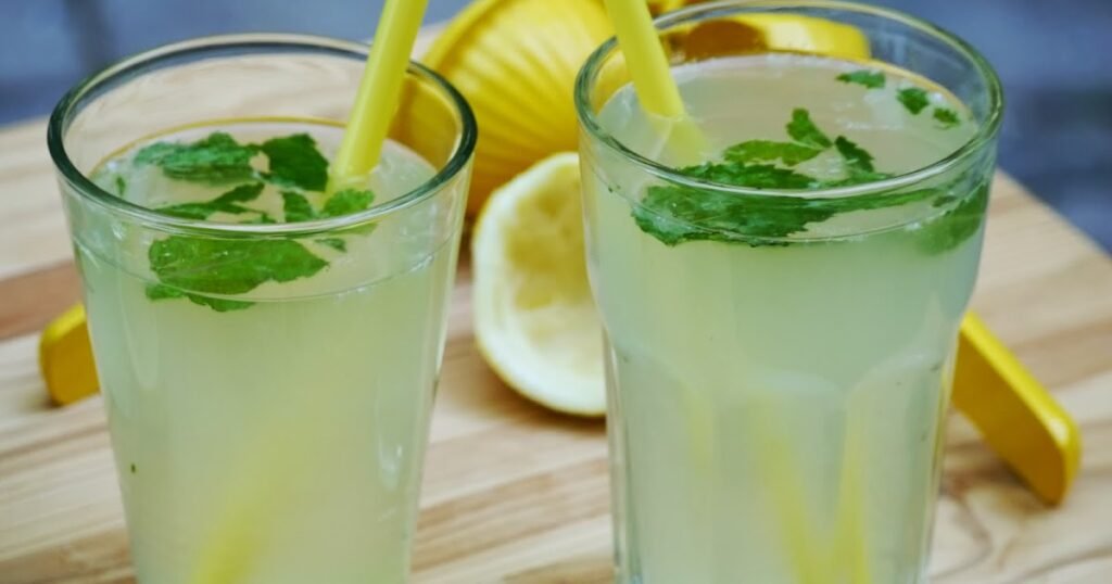 Two tall glasses of refreshing cucumber lemonade, garnished with fresh mint leaves and served with bright yellow straws, sitting on a wooden surface alongside a halved lemon and a lemon squeezer.