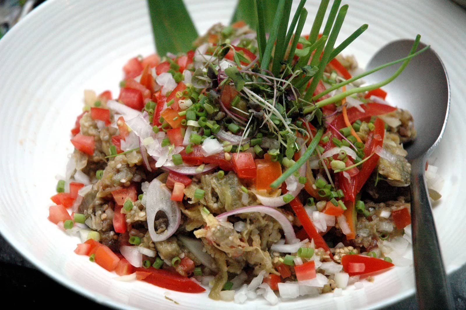 A vibrant plate of Ensaladang Talong, a Filipino roasted eggplant salad topped with finely chopped onions, tomatoes, and green onions. The dish is garnished with fresh herbs and served with a spoon, showcasing a colorful and appetizing combination of fresh vegetables and grilled eggplant